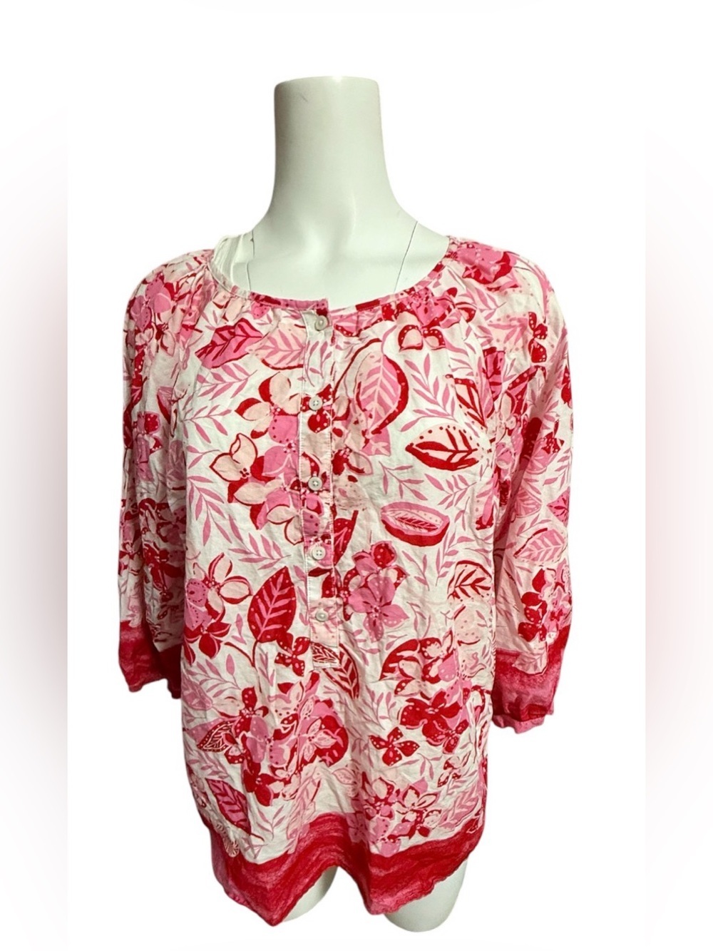 Talbots Floral 3/4 Sleeve Top Blouse Woman’s Large Pullover Pink Red Pop Over